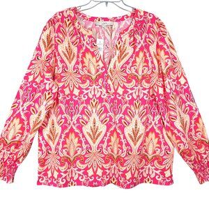 Ann Taylor Loft Blouse Women XL Hot Pink Paisley Long Sleeve Preppy Coastal Chic